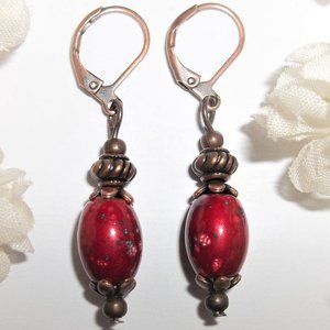 Small Red and Copper Dangle Earring Boho Style Unique Funky Dangly Set Pair 6931